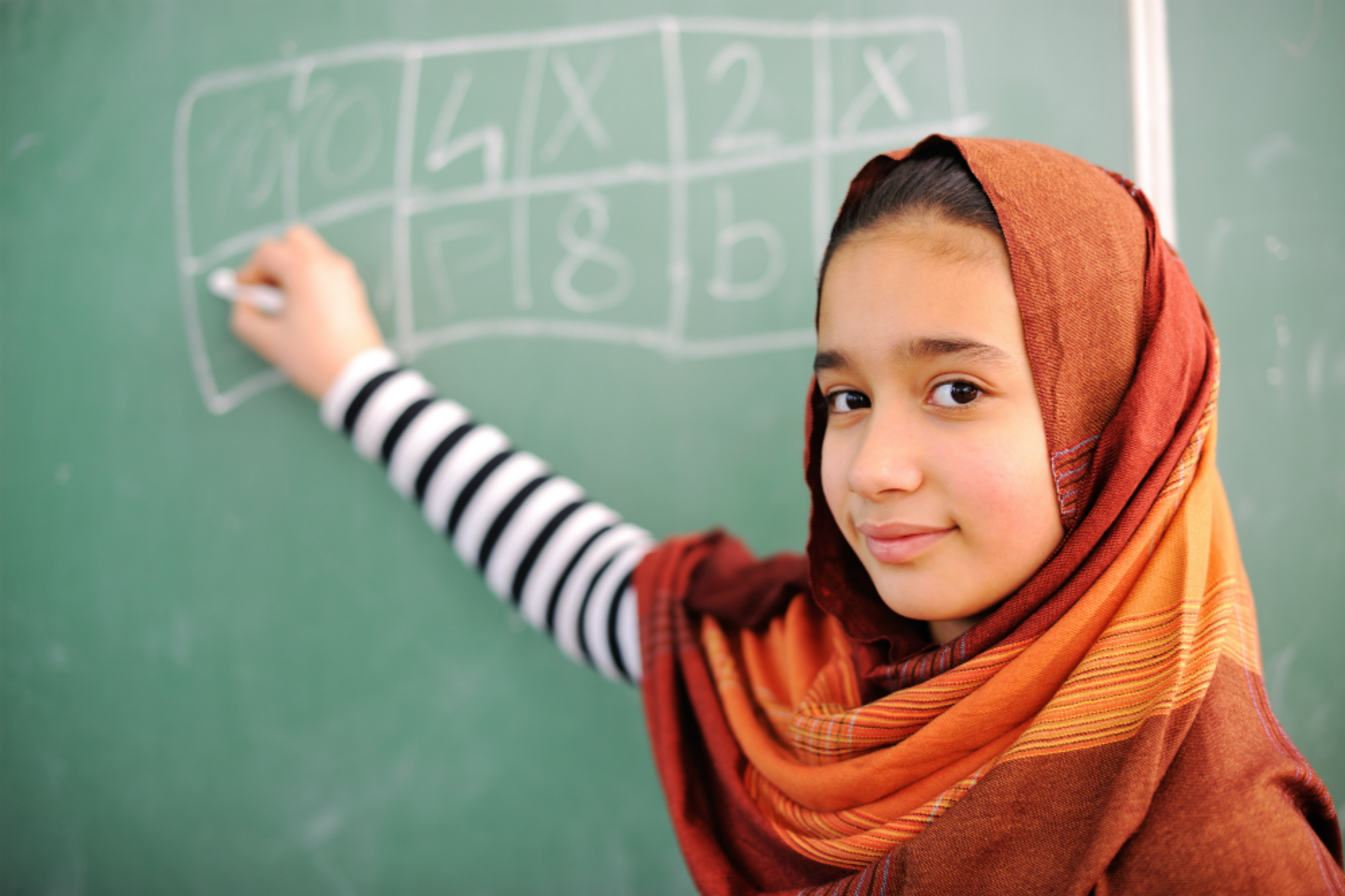 Child in front of a chalk board